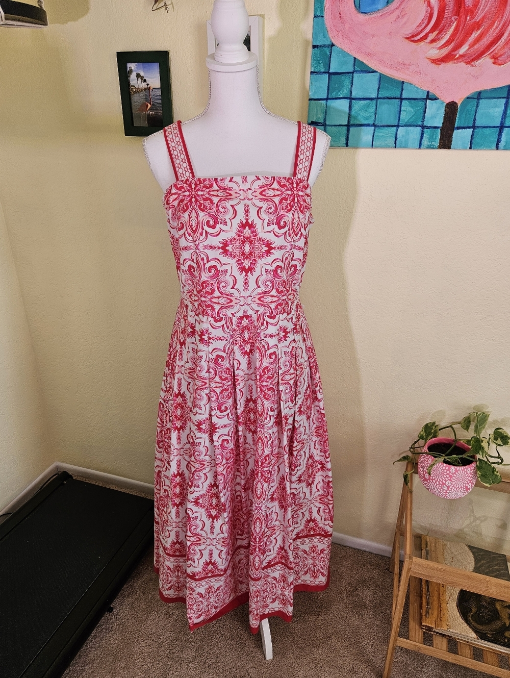 Talbots sleeveless White and Red Printed Midi Dress.